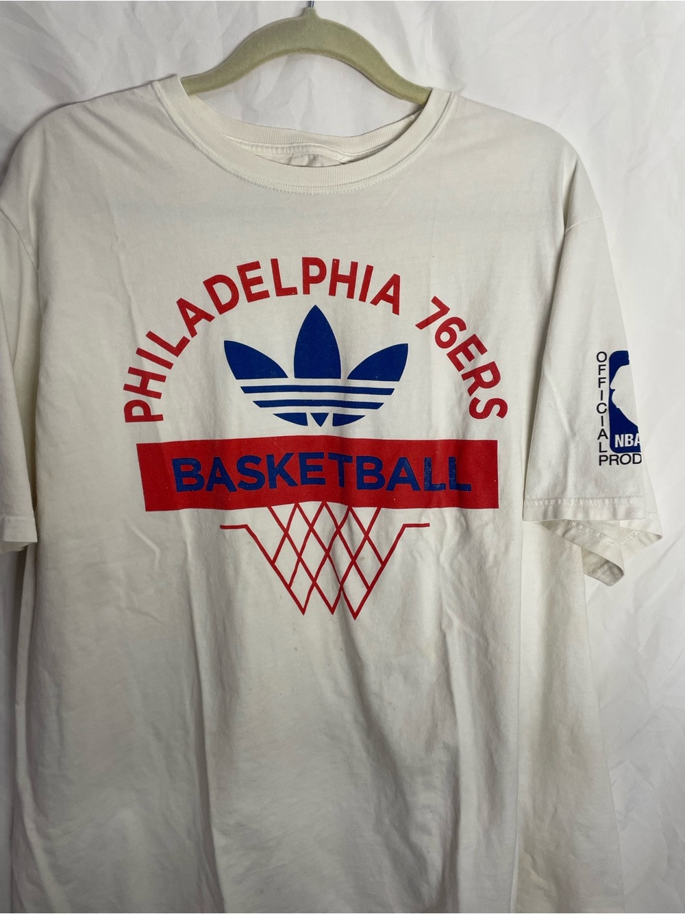 adidas White Tee with Red & Blue Philadelphia 76ers Basketball Logo